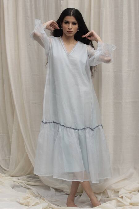 Buy Shivani Bhargava Blue Organza V Neck Frill Dress Online at Aza Fashions Buy_Shivani Bhargava_Blue Organza V Neck Frill Dress _Online_at_Aza_Fashions