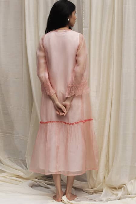 Shop Shivani Bhargava Pink Organza V Neck Frill Dress at Aza Fashions Shop_Shivani Bhargava_Pink Organza V Neck Frill Dress _at_Aza_Fashions