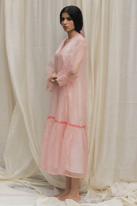 Shivani Bhargava Pink Organza V Neck Frill Dress Online at Aza Fashions Shivani Bhargava_Pink Organza V Neck Frill Dress _Online_at_Aza_Fashions