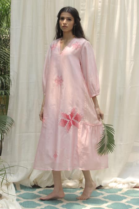 Shivani Bhargava Pink Chanderi V Neck Midi Dress