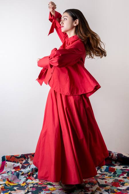 Buy_KA-Sha_Red Poplin Hand Dyed Pant Set_Online_at_Aza_Fashions