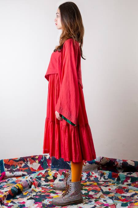 KA-Sha Red Cotton Mul Round Hand Dyed Tiered Dress Online at Aza Fashions KA-Sha_Red Cotton Mul Round Hand Dyed Tiered Dress_Online_at_Aza_Fashions