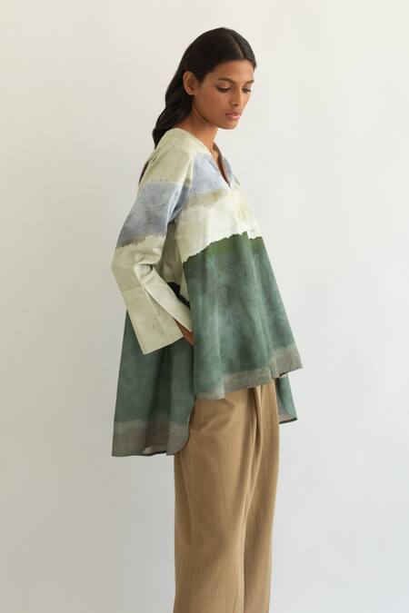 Cord_Multi Color Cotton Poplin V Neck Printed Top_Online_at_Aza_Fashions