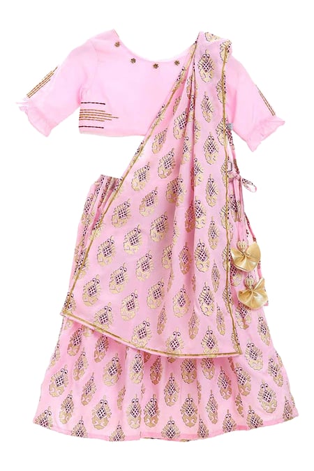 Shop MI Dulce AN'YA Pink Silk, Cotton Tassels, Embroidery Organic Printed Lehenga Set at Aza Fashions Shop_MI Dulce AN'YA_Pink Silk, Cotton Tassels, Embroidery Organic Printed Lehenga Set _at_Aza_Fashions