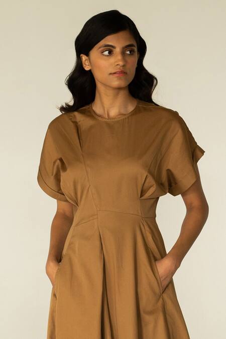 Buy_Cord_Brown Cotton Satin Round Midi Dress_Online_at_Aza_Fashions