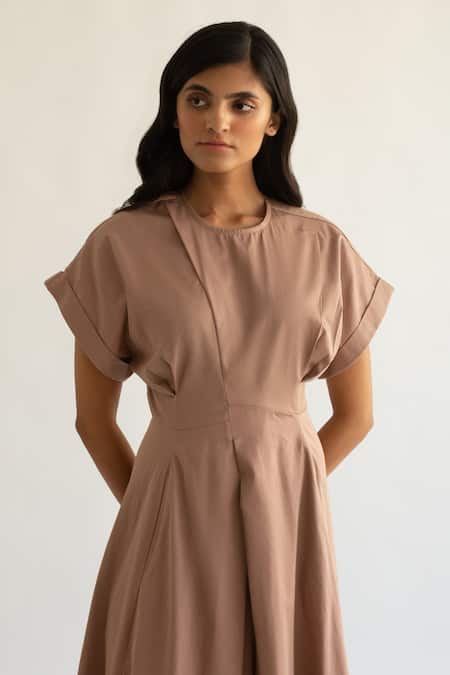Cord_Peach Cotton Satin Round Midi Dress_Online_at_Aza_Fashions