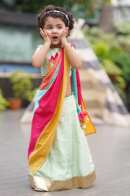 MI Dulce AN'YA_Green Cotton Embroidery Organic Lehenga Set _Online_at_Aza_Fashions