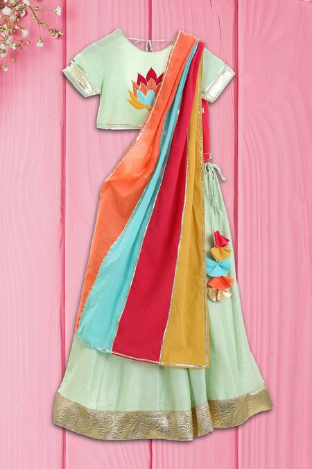 Buy_MI Dulce AN'YA_Green Cotton Embroidery Organic Lehenga Set _Online_at_Aza_Fashions