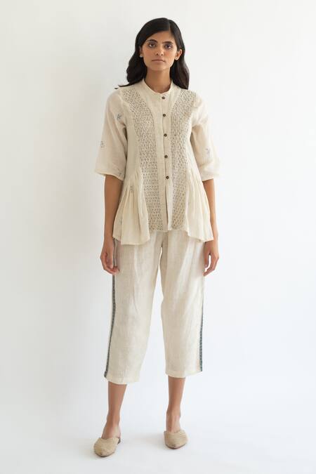 Buy_Cord_White 100% Cotton Round Smocked Top_Online_at_Aza_Fashions