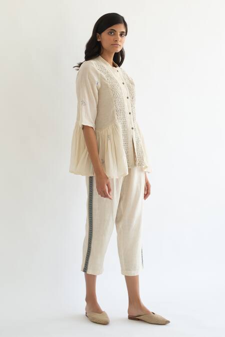 Cord_White 100% Cotton Round Smocked Top_Online_at_Aza_Fashions