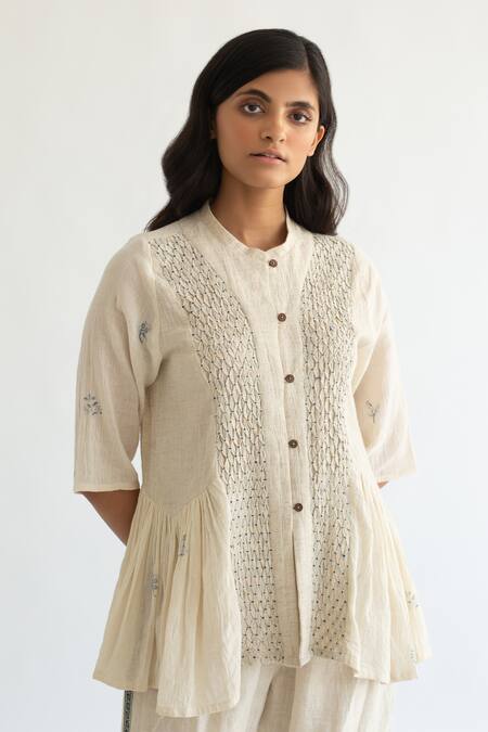 Shop_Cord_White 100% Cotton Round Smocked Top_Online_at_Aza_Fashions