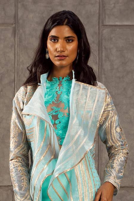 Siddartha Tytler_Blue Organza Open Floral Applique Jacket  _Online_at_Aza_Fashions