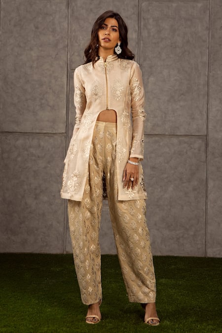 Siddartha Tytler_Beige Organza, Lame Mandarin Collar Floral Applique Jacket  _Online_at_Aza_Fashions
