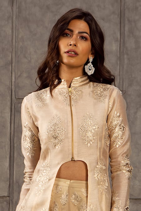 Buy_Siddartha Tytler_Beige Organza, Lame Mandarin Collar Floral Applique Jacket  _Online_at_Aza_Fashions