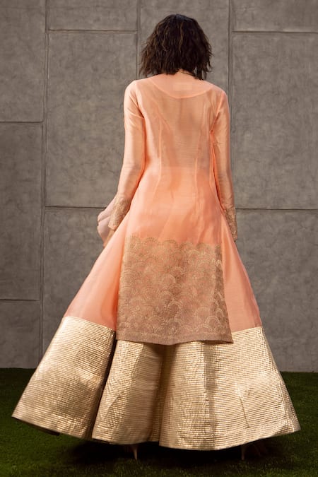 Shop_Siddartha Tytler_Peach Organza Mandarin Collar Applique Jacket Lehenga Set _at_Aza_Fashions