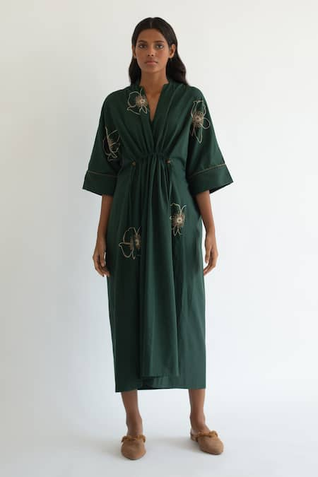 Cord Green Cotton Satin V Neck Embroidered Kaftan 