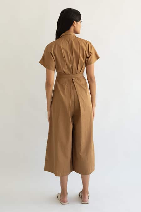 Shop Cord Brown Cotton Satin Notched Collar Pleated Jumpsuit at Aza Fashions Shop_Cord_Brown Cotton Satin Notched Collar Pleated Jumpsuit _at_Aza_Fashions