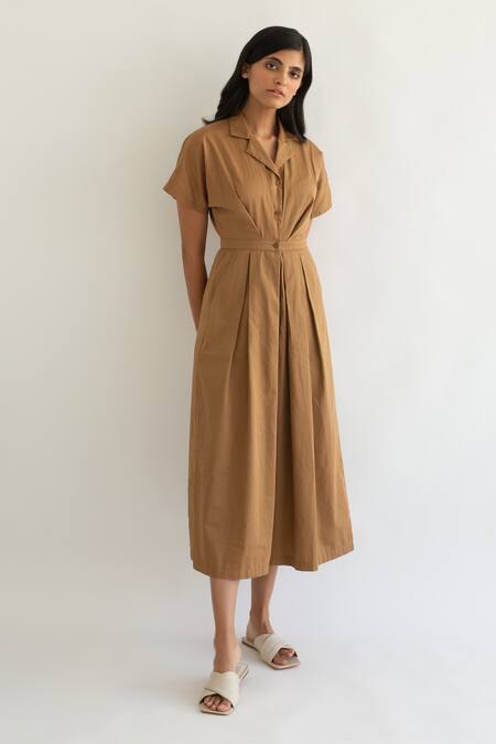 Cord Brown Cotton Satin Notched Collar Pleated Jumpsuit Online at Aza Fashions Cord_Brown Cotton Satin Notched Collar Pleated Jumpsuit _Online_at_Aza_Fashions