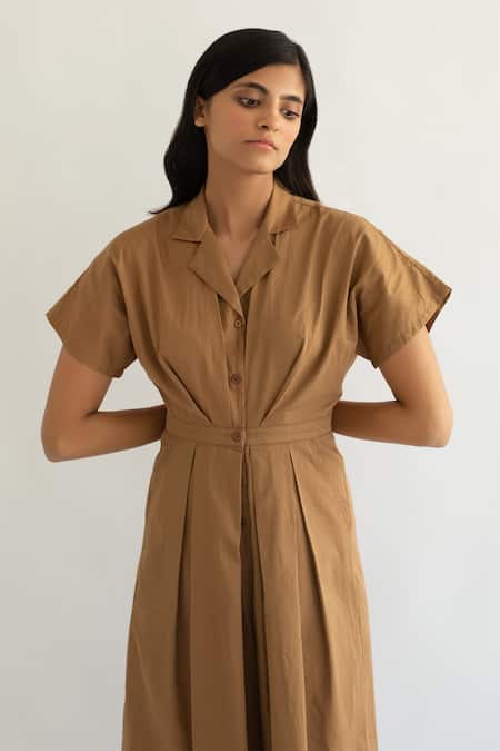 Buy Cord Brown Cotton Satin Notched Collar Pleated Jumpsuit Online at Aza Fashions Buy_Cord_Brown Cotton Satin Notched Collar Pleated Jumpsuit _Online_at_Aza_Fashions