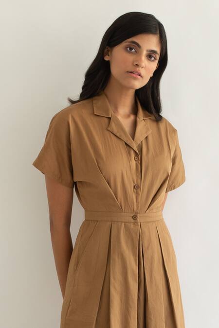 Shop Cord Brown Cotton Satin Notched Collar Pleated Jumpsuit Online at Aza Fashions Shop_Cord_Brown Cotton Satin Notched Collar Pleated Jumpsuit _Online_at_Aza_Fashions