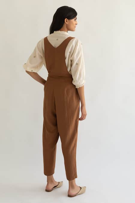 Shop_Cord_Brown Cotton Linen Square Neck Jumpsuit_at_Aza_Fashions