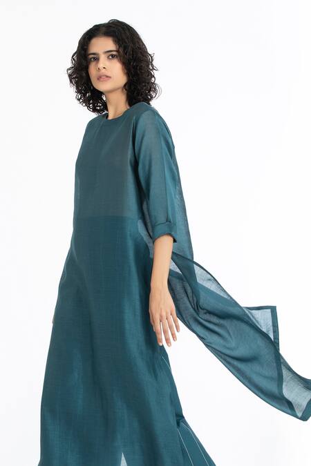 Buy Green Chanderi Round Long Kurta For Women by THREE Online at Aza ...