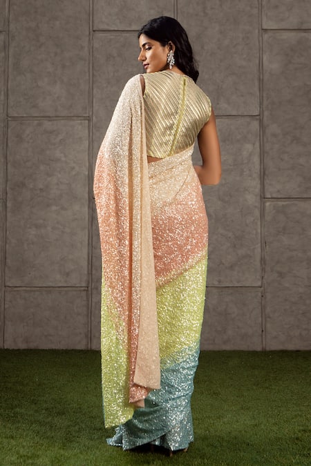 Shop_Siddartha Tytler_Multi Color Net, Georgette, Lame Round Embellished Saree With Blouse _at_Aza_Fashions