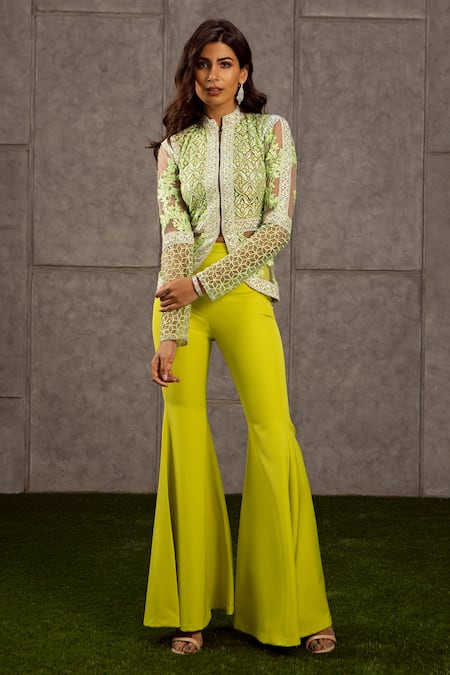 Siddartha Tytler_Green Net High Neck Embroidered Top _Online_at_Aza_Fashions