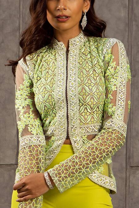Buy_Siddartha Tytler_Green Net High Neck Embroidered Top _Online_at_Aza_Fashions