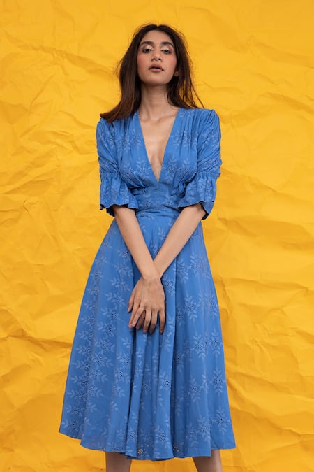 Suman Nathwani Blue Hakoba A-line Midi Dress