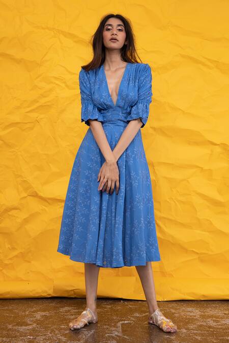 Suman Nathwani_Blue Hakoba A-line Midi Dress_Online_at_Aza_Fashions