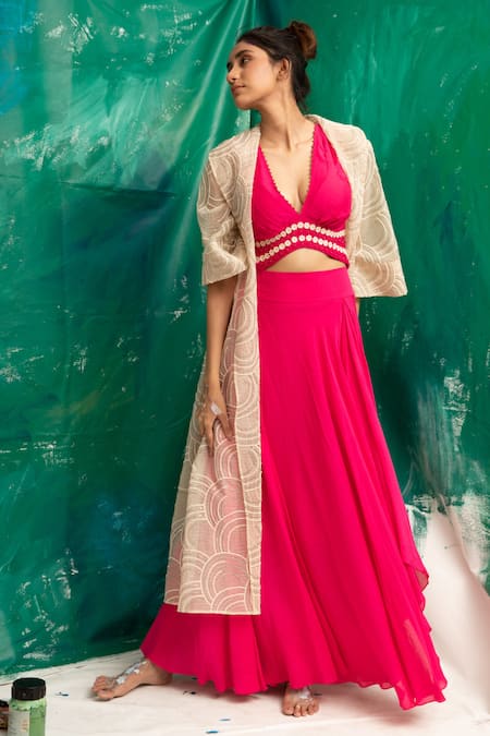 Suman Nathwani Pink Cotton Muslin Silk Blend Embroided Crop Top With Skirt