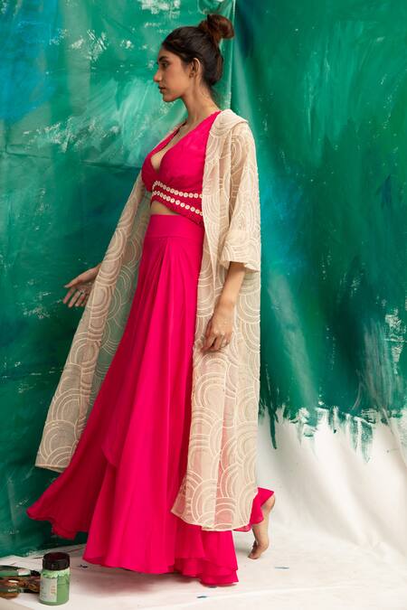 Shop_Suman Nathwani_Pink Cotton Muslin Silk Blend Embroided Crop Top With Skirt_at_Aza_Fashions