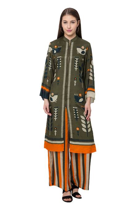 So Us By Sougatpaul Green Muslin Slub Mandarin Collar Printed Kurta And Palazzo Set Online at Aza Fashions So Us By Sougatpaul_Green Muslin Slub Mandarin Collar Printed Kurta And Palazzo Set _Online_at_Aza_Fashions