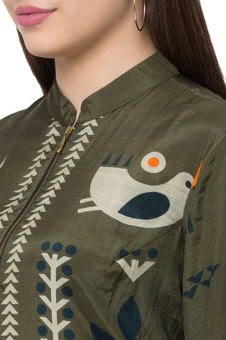 Shop So Us By Sougatpaul Green Muslin Slub Mandarin Collar Printed Kurta And Palazzo Set Online at Aza Fashions Shop_So Us By Sougatpaul_Green Muslin Slub Mandarin Collar Printed Kurta And Palazzo Set _Online_at_Aza_Fashions