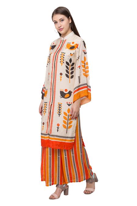 Buy So Us By Sougatpaul White Muslin Slub Mandarin Collar Printed Kurta And Palazzo Set Online at Aza Fashions Buy_So Us By Sougatpaul_White Muslin Slub Mandarin Collar Printed Kurta And Palazzo Set _Online_at_Aza_Fashions