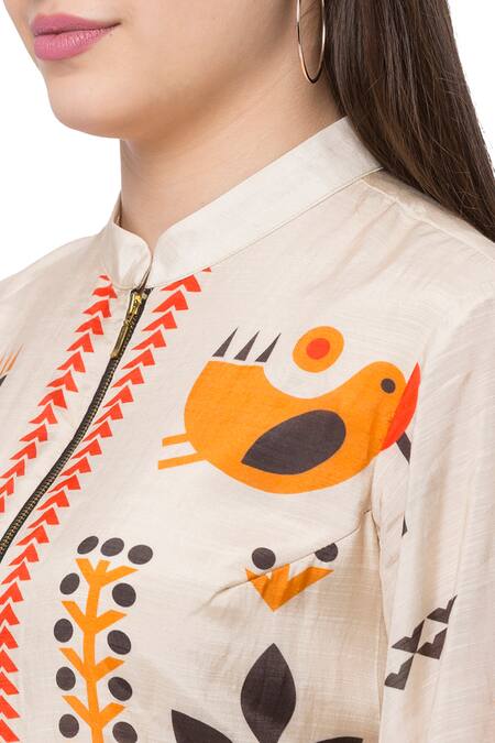 Shop So Us By Sougatpaul White Muslin Slub Mandarin Collar Printed Kurta And Palazzo Set Online at Aza Fashions Shop_So Us By Sougatpaul_White Muslin Slub Mandarin Collar Printed Kurta And Palazzo Set _Online_at_Aza_Fashions