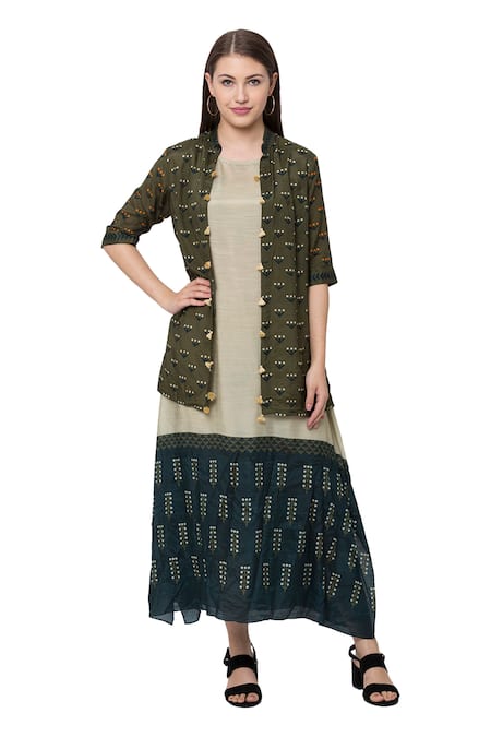 So US By Sougatpaul White Muslin Slub Boat Printed Tunic With Jacket  