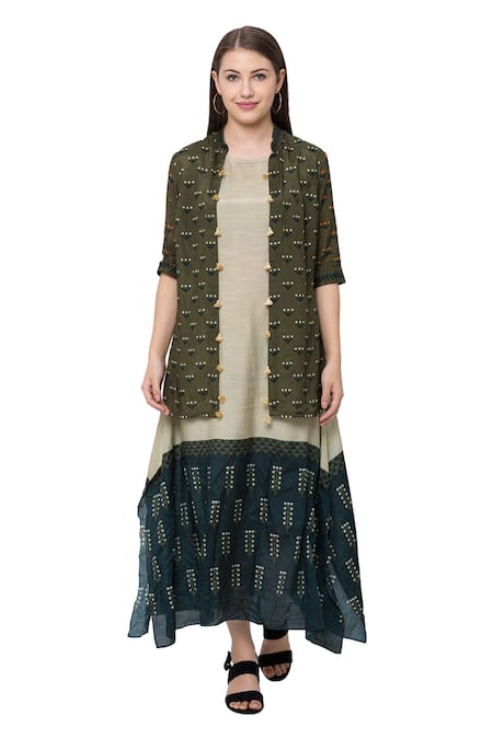 So Us By Sougatpaul White Muslin Slub Boat Printed Tunic With Jacket Online at Aza Fashions So Us By Sougatpaul_White Muslin Slub Boat Printed Tunic With Jacket _Online_at_Aza_Fashions