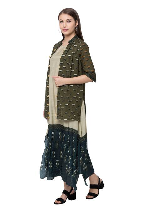 Buy So Us By Sougatpaul White Muslin Slub Boat Printed Tunic With Jacket Online at Aza Fashions Buy_So Us By Sougatpaul_White Muslin Slub Boat Printed Tunic With Jacket _Online_at_Aza_Fashions