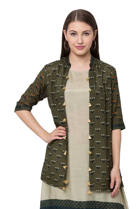 Shop So Us By Sougatpaul White Muslin Slub Boat Printed Tunic With Jacket Online at Aza Fashions Shop_So Us By Sougatpaul_White Muslin Slub Boat Printed Tunic With Jacket _Online_at_Aza_Fashions