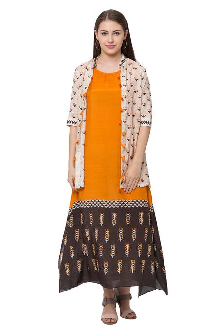 So Us By Sougatpaul White Muslin Slub Boat Printed Tunic With Jacket Online at Aza Fashions So Us By Sougatpaul_White Muslin Slub Boat Printed Tunic With Jacket _Online_at_Aza_Fashions