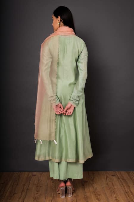 Shop Shikha Mehta Green Chanderi V Neck Angrakha Set at Aza Fashions Shop_Shikha Mehta_Green Chanderi V Neck Angrakha Set _at_Aza_Fashions