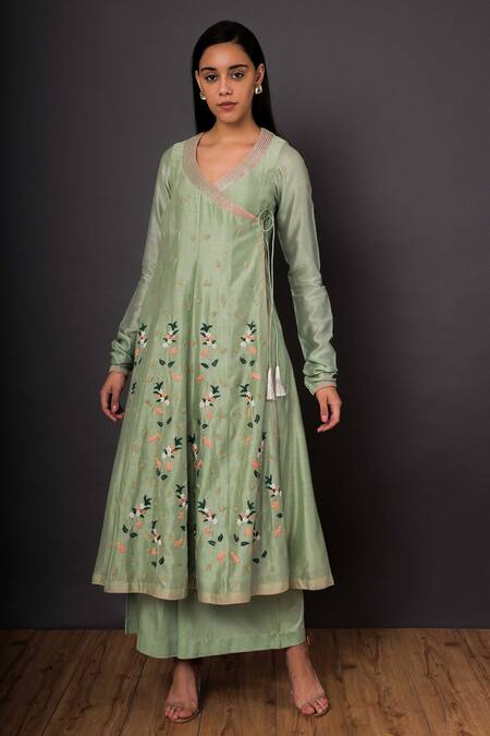 Shikha Mehta Green Chanderi V Neck Angrakha Set Online at Aza Fashions Shikha Mehta_Green Chanderi V Neck Angrakha Set _Online_at_Aza_Fashions