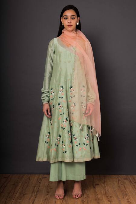 Buy Shikha Mehta Green Chanderi V Neck Angrakha Set Online at Aza Fashions Buy_Shikha Mehta_Green Chanderi V Neck Angrakha Set _Online_at_Aza_Fashions