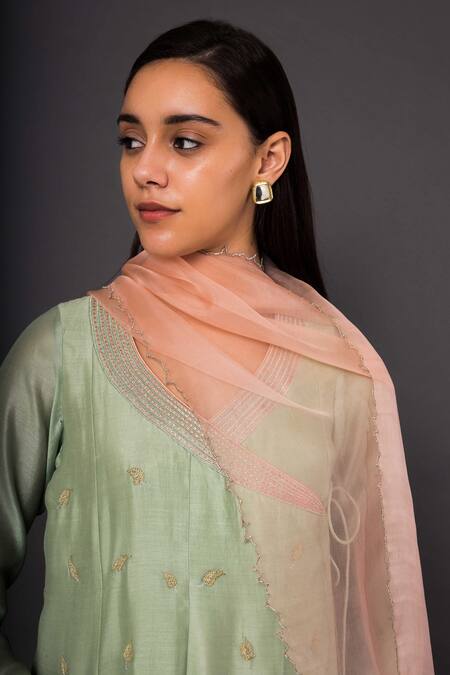 Shop Shikha Mehta Green Chanderi V Neck Angrakha Set Online at Aza Fashions Shop_Shikha Mehta_Green Chanderi V Neck Angrakha Set _Online_at_Aza_Fashions