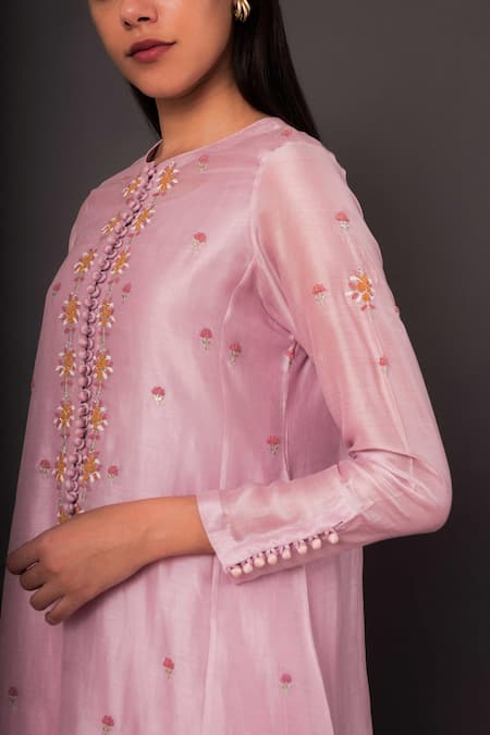 Shop_Shikha Mehta_Purple Organza, Chanderi Round Kurta And Pant Set _Online_at_Aza_Fashions