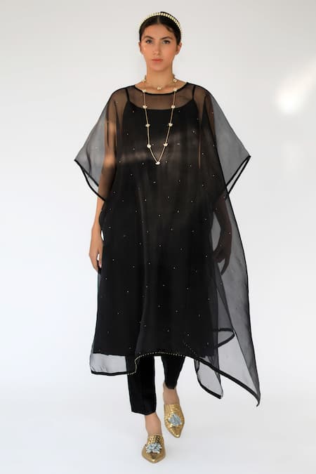 Shikha Mehta Black Chanderi, Muslin , Pure Organza Round Embellished Cape And Pant Set