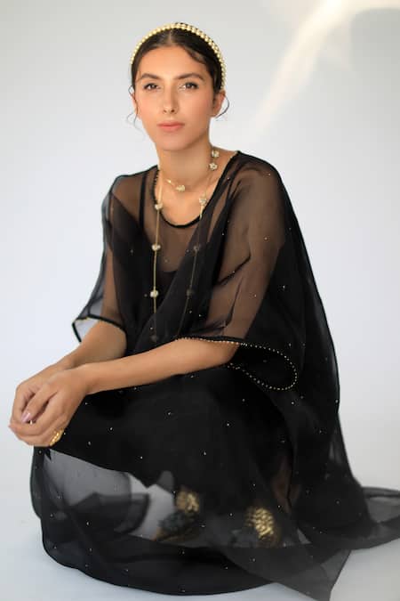 Shikha Mehta Black Chanderi, Muslin , Pure Organza Round Embellished Cape And Pant Set Online at Aza Fashions Shikha Mehta_Black Chanderi, Muslin , Pure Organza Round Embellished Cape And Pant Set_Online_at_Aza_Fashions
