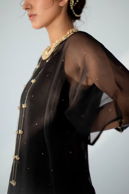Shop Shikha Mehta Black Chanderi, Muslin , Pure Organza Round Embellished Cape And Pant Set Online at Aza Fashions Shop_Shikha Mehta_Black Chanderi, Muslin , Pure Organza Round Embellished Cape And Pant Set_Online_at_Aza_Fashions